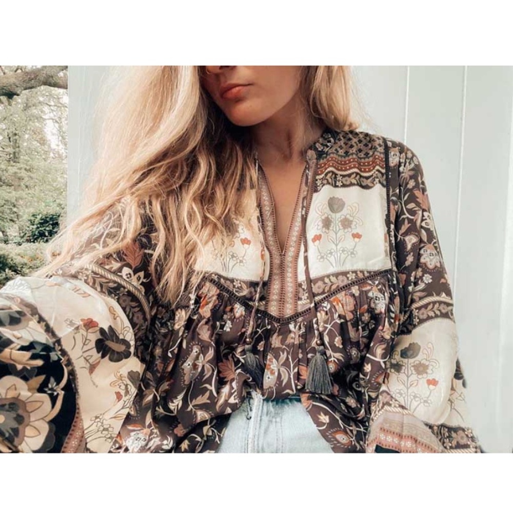 boho gypsy beach floral print tassel tie blouse - Picture 1 of 8